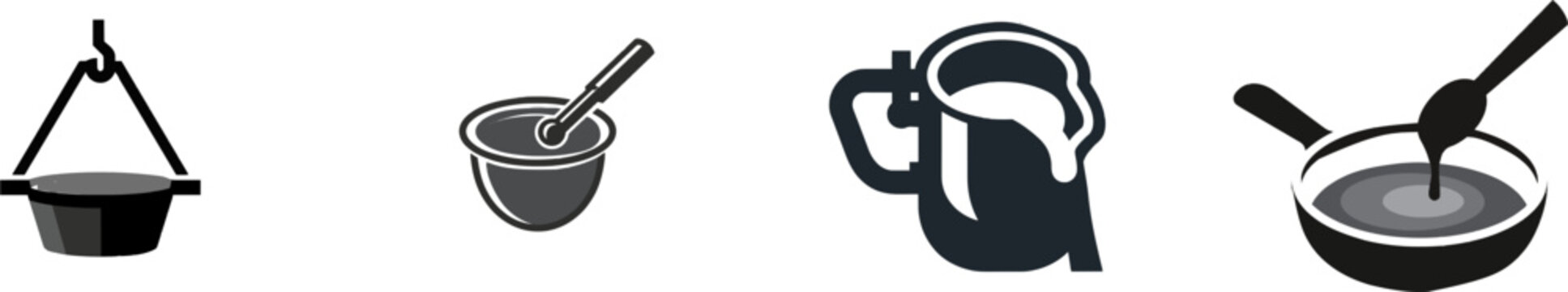 A minimalist flat vector icon of a steel foundry pouring ladle vessel in black and white features clean bold lines and simple geometric shapes, isolated on a pure solid white background