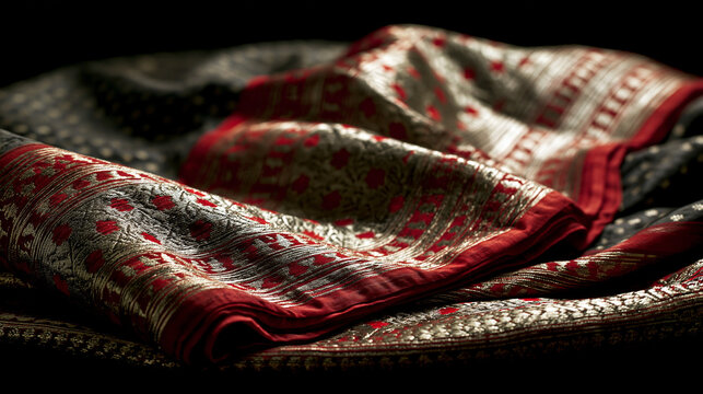 chador. Traditional Assamese silk garment with gold and red patterns on dark background. event programs, museum guides, designed for cultural heritage projects and event programs.