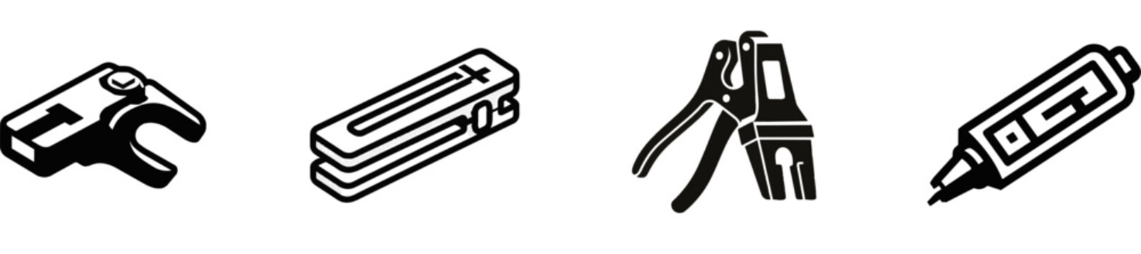 A minimalist flat vector icon of a welding ground clamp tool in black and white, featuring clean bold lines and clear contours against a pure solid white background