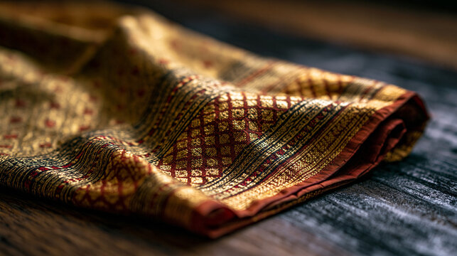 chador. Traditional Assamese silk garment with gold and red patterns on dark background. event programs, museum guides, designed for cultural heritage projects and event programs.