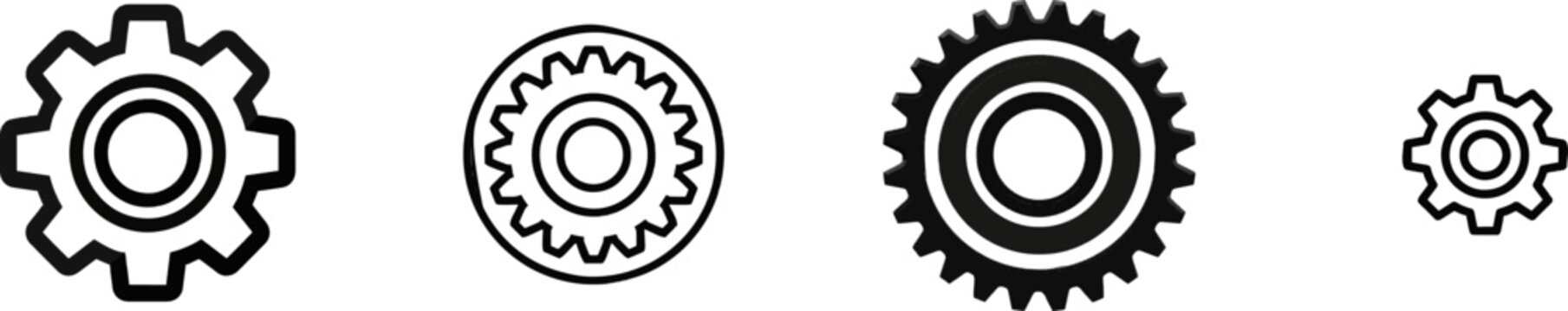 A minimalist black and white industrial spur gear wheel icon with clean bold lines and clear contours stands alone against a pure solid white background