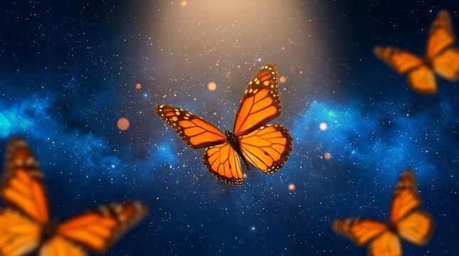 Beautiful monarch butterfly spreading wings in deep space filled with bright glowing particles and blue cosmic clouds magical scene for ethereal dream like background wallpaper.