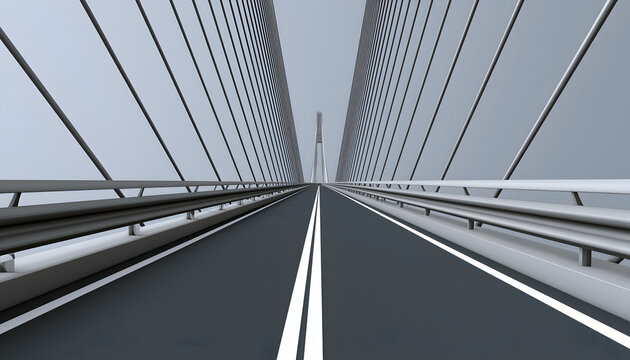 Following the asphalt bridge lane with the white center stripe, guardrail, and suspension cables, my gaze went