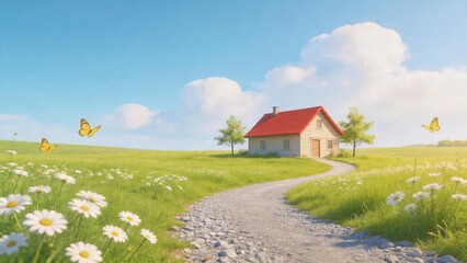 Fototapeta premium Idyllic countryside house with red roof nestled in vibrant green meadow filled with daisies under bright blue sky dotted with fluffy clouds and butterflies fluttering along winding