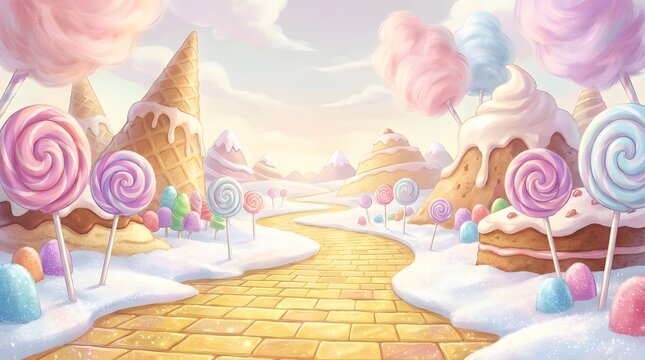 Candy land scene with lollipops ice cream cones and a golden brick road