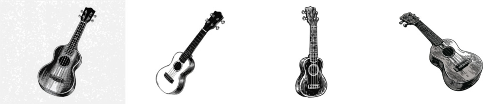 A detailed black-and-white monochrome illustration of a small four-string Hawaiian ukulele guitar with tuning pegs on the headstock, showcasing bold solid areas blended with fine hatching for texture