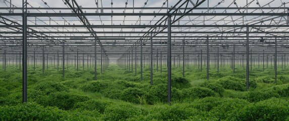 Naklejka premium Green plants growing inside a large greenhouse structure