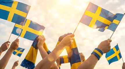 Swedish fans waving national flags and wearing scarves celebrating victory event outdoors with bright sun rays and lens flare showing national pride and patriotism.