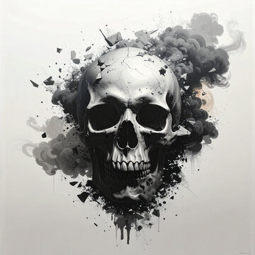 Grunge skull exploding into dark smoke and debris