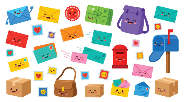 Collection of cute cartoon mail and postal service elements with happy faces.