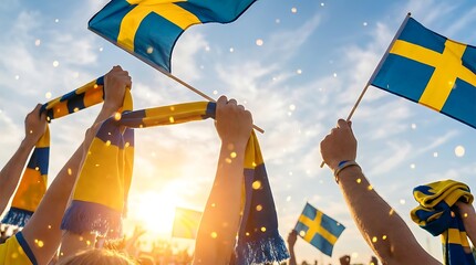 Swedish fans waving national flags and wearing scarves celebrating victory event outdoors with bright sun rays and lens flare showing national pride and patriotism.