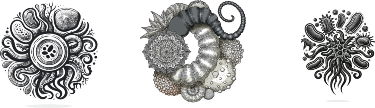A highly detailed black-and-white vector illustration of a stylized micro-biome bacteria colony cluster, inspired by vintage scientific engraving techniques, featuring intricate fine line hatching,