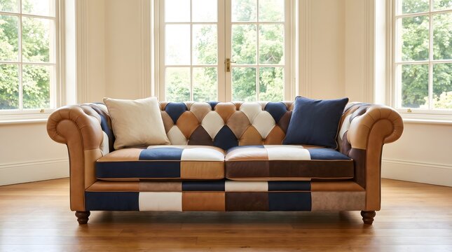 Elegant patchwork chesterfield sofa featuring multicolored leather panels and plush cushions in a bright sunlit room