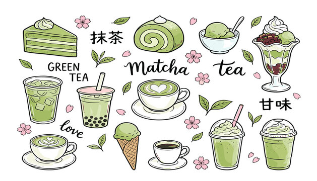 Matcha green tea dessert doodle set. Japanese sweets collection, latte cup, ice cream and bubble tea.
