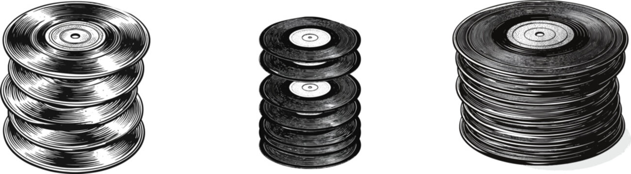 A meticulously detailed stack of vintage vinyl records with intricate center labels, rendered in a high-contrast black and white vector style inspired by scientific engraving techniques