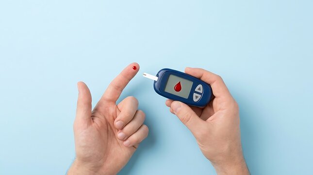 Person using glucose meter to check blood sugar level healthcare medical device for diabetes monitoring checking finger prick blood sample result on digital display screen device.