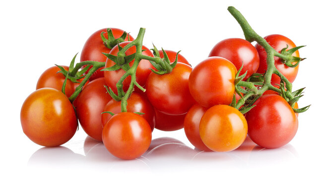 Fresh Tomatoes with green leaves. Tomato vegetables brunch. Vegetable isolated on white background. Organic natural farm grown food harvest