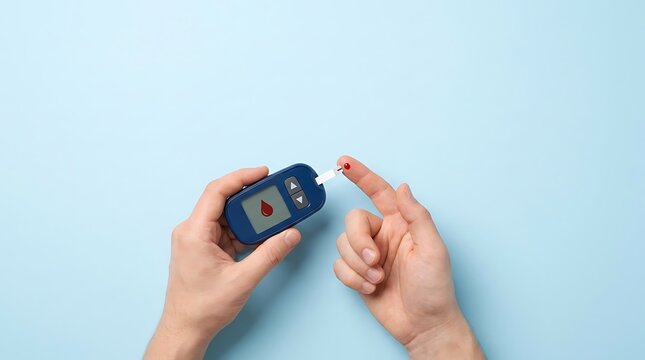 Person using glucose meter to check blood sugar levels, fingertip pricked with lancet, showing drop of blood on blue background.