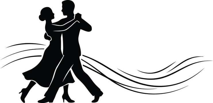 Ballroom dancing couple silhouette vector, elegant man and woman performing waltz, romantic dance partners with flowing motion lines