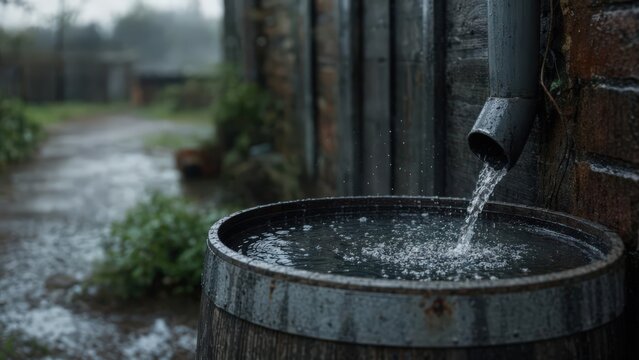 Rainwater flowing from a metal downspout into a wooden barrel in a rustic outdoor setting, surrounded by greenery and weathered wooden structures in a tranquil countryside environment