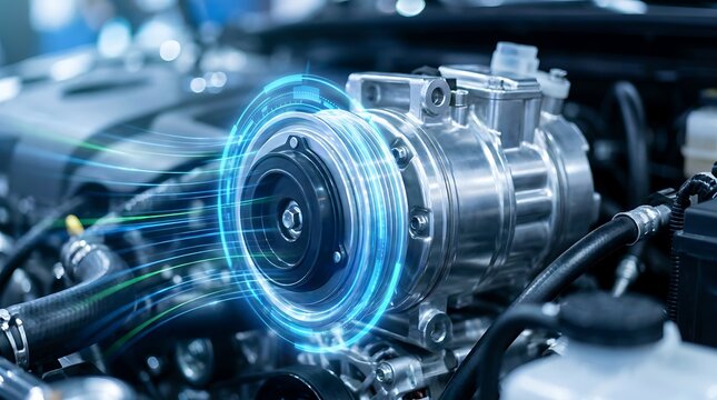 Detailed shot of car air conditioning compressor with glowing blue and green energy lines suggesting advanced cooling system technology automotive engineering masterpiece.