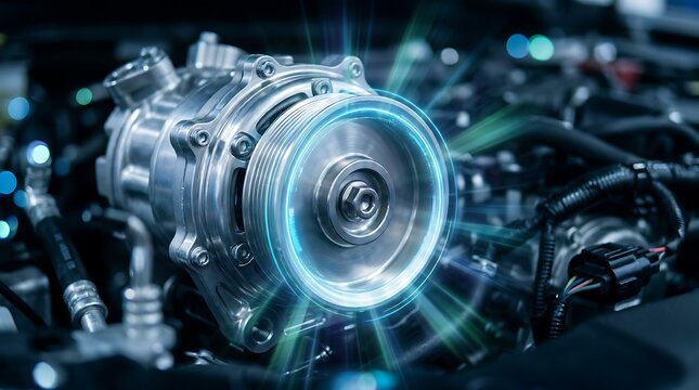 Close up view of polished metallic car supercharger pulley with vibrant blue and green light rays emphasizing advanced technology and engineering excellence.