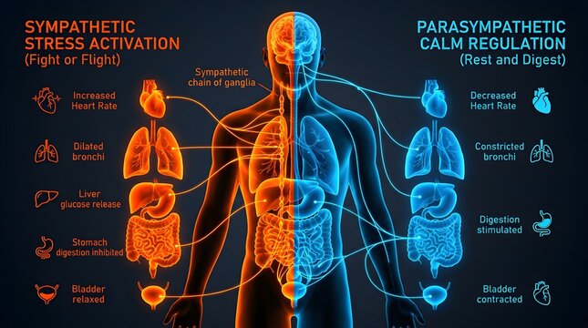 Human anatomy diagram displaying sympathetic stress activation and parasympathetic calm regulation systems with glowing neon colors