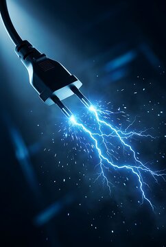 Black electric plug sparking bright electricity bolts against dark background representing power energy failure concept or sudden electrical shock hazard with high voltage light effect.