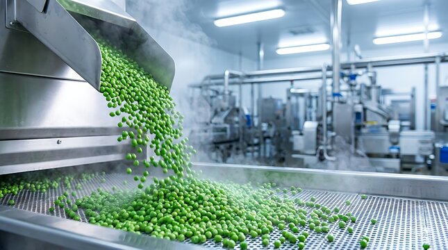 Fresh green peas falling from metal chute onto industrial conveyor belt during processing inside modern food factory for frozen vegetable packaging line and commercial manufacturing.