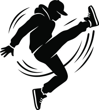 Breakdance silhouette of male dancer in hoodie, street dance performer vector, hip hop culture graphic with motion lines and urban style