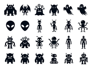 Fototapeta premium Monster Alien Robot and Ghost Silhouette Icon Set for Game Design and UI