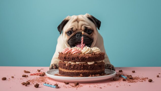 Playful pug devouring a messy layered birthday cake with chocolate and vanilla on a pastel blue backdrop for promotion