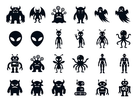 Monster Alien Robot and Ghost Silhouette Icon Set for Game Design and UI