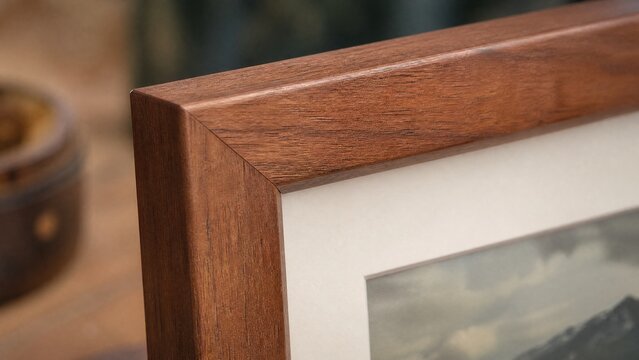 Close-up of a handmade wooden picture frame with precise mitered corners.