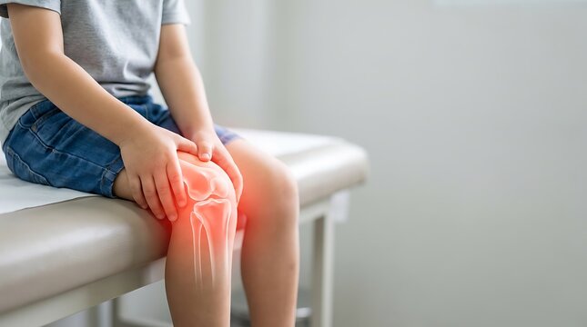 Child's knee joint highlighted with red glow, indicating pain or inflammation, seeking medical attention for joint discomfort, understanding pediatric bone health issues.