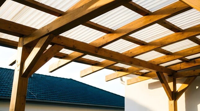 Wooden pergola structure with corrugated metal roofing outdoor architecture