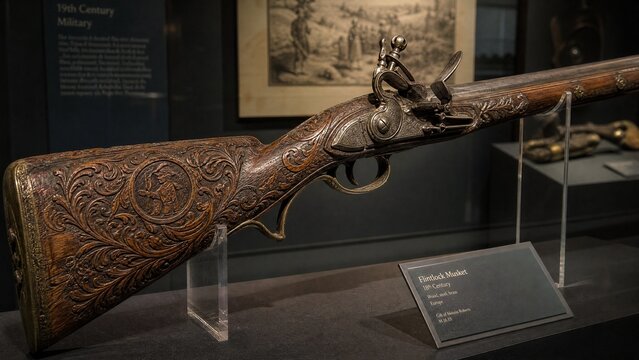 An antique flintlock musket with a carved wooden stock is displayed in a museum.