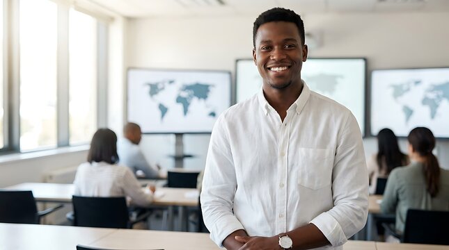 Smiling african american teacher in white shirt standing in classroom with students learning in background and world maps on screens technology education.