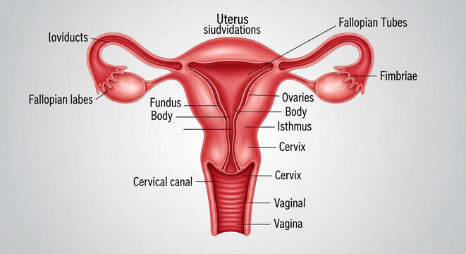 An anatomical illustration of the female reproductive system, detailed and labeled, representing biology and medical science