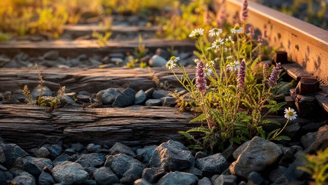 Wildflowers growing between weathered railway sleepers at golden hour.