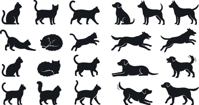 Cat and Dog Silhouette Vector Set Featuring Various Breeds in Sitting Running and Sleeping Poses