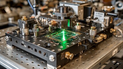 Fototapeta premium A green laser beam precisely etches a circuit board within a high-tech manufacturing background, symbolizing advanced engineering.