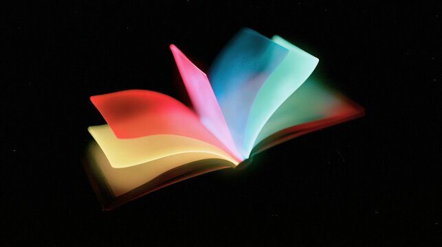 Un livre ouvert aux pages lumineuses multicolores qui s'envolent