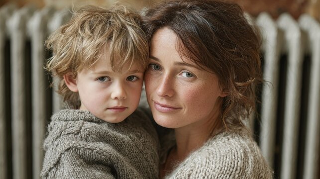 A mother and son share a tender moment in warm sweaters, with a vintage radiator providing a soft, domestic background.