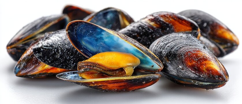 Fresh mussels with vibrant orange meat and dark shells rest on a clean white background, showcasing seafood delicacy.