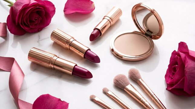 Elegant marble flatlay displays glossy deep magenta lipsticks alongside compact powder and delicate rose gold makeup brushes for beauty.