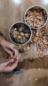 Top-view vertical shot of a person with tattooed hands using a metal nutcracker tool to crack fresh organic walnuts on a rustic wooden table surrounded by healthy kernels and broken shells