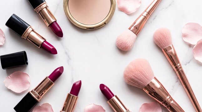 Elegant marble flatlay displays glossy deep magenta lipsticks alongside compact powder and delicate rose gold makeup brushes for beauty.