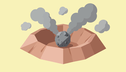 Stylized Vector Illustration of a Steaming Meteorite Impact Crater Depicting Cosmic Geological Activity © MuhammadHaris