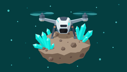 Futuristic Robotic Drone Exploring Floating Asteroid With Glowing Blue Crystals in Outer Space © MuhammadHaris